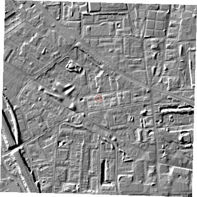 Shaded relief map of the ground around SE85LW, computed from Environment Agency LiDAR. The ground here sits at about 4 m above sea level and falls 7 m across the surrounding 800 m. Surface water reaching this point runs off ground lying to the east, 2.6 m higher.