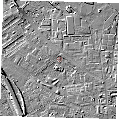 Shaded relief map of the ground around SE85LX, computed from Environment Agency LiDAR. The ground here sits at about 4 m above sea level and falls 9 m across the surrounding 800 m. Surface water reaching this point runs off ground lying to the east-south-east, 3.1 m higher.