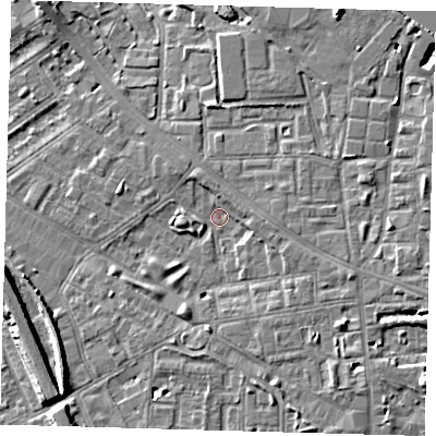 Shaded relief map of the ground around SE85LY, computed from Environment Agency LiDAR. The ground here sits at about 3 m above sea level and falls 9 m across the surrounding 800 m. Surface water reaching this point runs off ground lying to the east-south-east, 3.9 m higher.