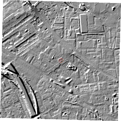 Shaded relief map of the ground around SE85NA, computed from Environment Agency LiDAR. The ground here sits at about 4 m above sea level and falls 9 m across the surrounding 800 m. Surface water reaching this point runs off ground lying to the west-north-west, 1.0 m higher.