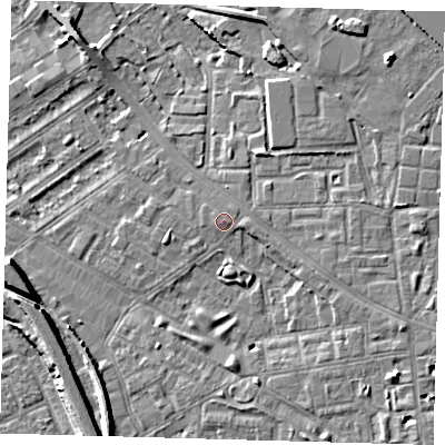 Shaded relief map of the ground around SE85NB, computed from Environment Agency LiDAR. The ground here sits at about 5 m above sea level and falls 9 m across the surrounding 800 m. Surface water reaching this point runs off ground lying to the east-south-east, 2.2 m higher.