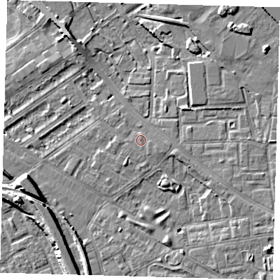 Shaded relief map of the ground around SE85NE, computed from Environment Agency LiDAR. The ground here sits at about 4 m above sea level and falls 9 m across the surrounding 800 m. Surface water reaching this point runs off ground lying to the east-south-east, 0.8 m higher.