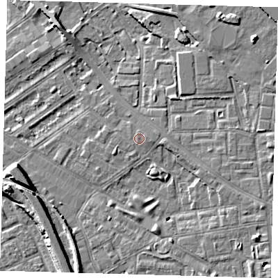 Shaded relief map of the ground around SE85NF, computed from Environment Agency LiDAR. The ground here sits at about 4 m above sea level and falls 9 m across the surrounding 800 m. Surface water reaching this point runs off ground lying to the east, 0.6 m higher.