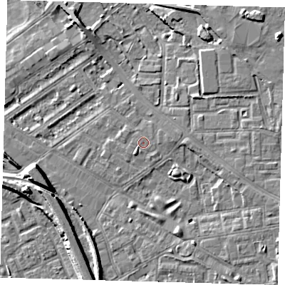 Shaded relief map of the ground around SE85NG, computed from Environment Agency LiDAR. The ground here sits at about 4 m above sea level and falls 9 m across the surrounding 800 m. Surface water reaching this point runs off ground lying to the east-north-east, 0.6 m higher.