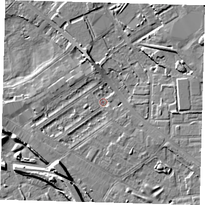 Shaded relief map of the ground around SE85NH, computed from Environment Agency LiDAR. The ground here sits at about 3 m above sea level and falls 10 m across the surrounding 800 m. Surface water reaching this point runs off ground lying to the south-south-west, 7.5 m higher.