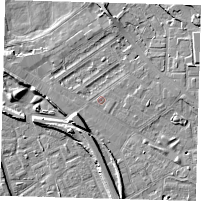 Shaded relief map of the ground around SE85NJ, computed from Environment Agency LiDAR. The ground here sits at about 4 m above sea level and falls 10 m across the surrounding 800 m. Surface water reaching this point runs off ground lying to the south-east, 0.7 m higher.