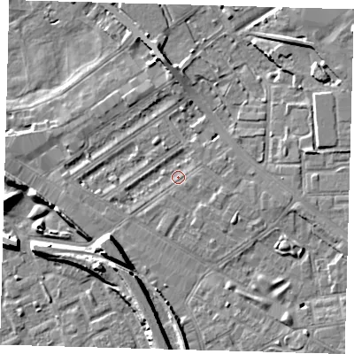 Shaded relief map of the ground around SE85NL, computed from Environment Agency LiDAR. The ground here sits at about 3 m above sea level and falls 10 m across the surrounding 800 m. Surface water reaching this point runs off ground lying to the south-west, 7.5 m higher.