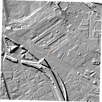 Shaded relief map of the ground around SE85NN, computed from Environment Agency LiDAR. The ground here sits at about 3 m above sea level and falls 10 m across the surrounding 800 m. Surface water reaching this point runs off ground lying to the south-south-west, 7.5 m higher.