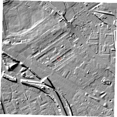 Shaded relief map of the ground around SE85NR, computed from Environment Agency LiDAR. The ground here sits at about 3 m above sea level and falls 10 m across the surrounding 800 m. Surface water reaching this point runs off ground lying to the south-south-west, 7.5 m higher.