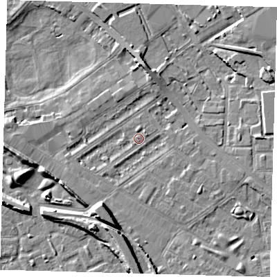 Shaded relief map of the ground around SE85NS, computed from Environment Agency LiDAR. The ground here sits at about 3 m above sea level and falls 10 m across the surrounding 800 m. Surface water reaching this point runs off ground lying to the south-south-west, 7.5 m higher.