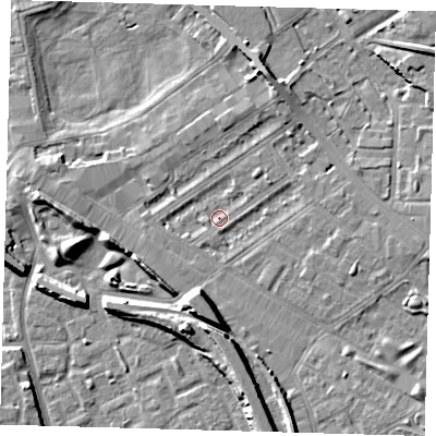 Shaded relief map of the ground around SE85NT, computed from Environment Agency LiDAR. The ground here sits at about 3 m above sea level and falls 10 m across the surrounding 800 m. Surface water reaching this point runs off ground lying to the south-south-east, 1.3 m higher.