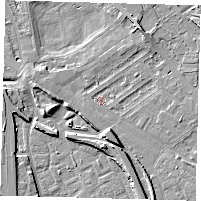 Shaded relief map of the ground around SE85NU, computed from Environment Agency LiDAR. The ground here sits at about 3 m above sea level and falls 10 m across the surrounding 800 m. Surface water reaching this point runs off ground lying to the south-south-east, 8.0 m higher.