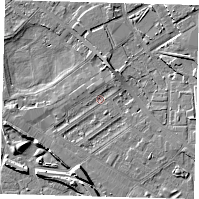 Shaded relief map of the ground around SE85NX, computed from Environment Agency LiDAR. The ground here sits at about 3 m above sea level and falls 10 m across the surrounding 800 m. Surface water reaching this point runs off ground lying to the south-south-west, 8.0 m higher.