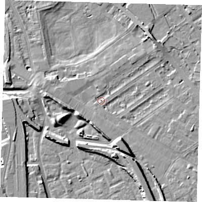 Shaded relief map of the ground around SE85NY, computed from Environment Agency LiDAR. The ground here sits at about 3 m above sea level and falls 10 m across the surrounding 800 m. Surface water reaching this point runs off ground lying to the south-south-east, 8.3 m higher.