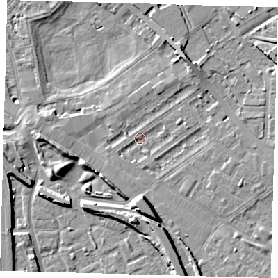 Shaded relief map of the ground around SE85NZ, computed from Environment Agency LiDAR. The ground here sits at about 3 m above sea level and falls 10 m across the surrounding 800 m. Surface water reaching this point runs off ground lying to the south, 8.0 m higher.
