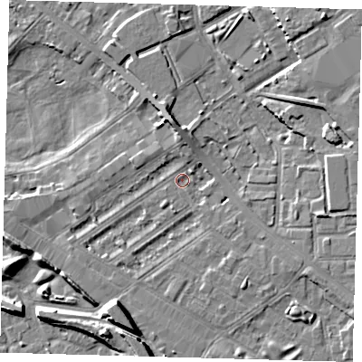Shaded relief map of the ground around SE85PB, computed from Environment Agency LiDAR. The ground here sits at about 3 m above sea level and falls 10 m across the surrounding 800 m. Surface water reaching this point runs off ground lying to the south-south-west, 8.0 m higher.