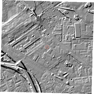 Shaded relief map of the ground around SE85PD, computed from Environment Agency LiDAR. The ground here sits at about 4 m above sea level and falls 10 m across the surrounding 800 m. Surface water reaching this point runs off ground lying to the east-south-east, 1.2 m higher.