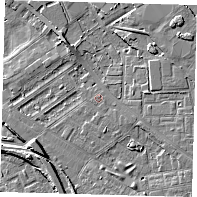 Shaded relief map of the ground around SE85PP, computed from Environment Agency LiDAR. The ground here sits at about 4 m above sea level and falls 10 m across the surrounding 800 m. Surface water reaching this point runs off ground lying to the south-east, 1.1 m higher.