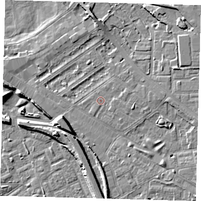 Shaded relief map of the ground around SE85PQ, computed from Environment Agency LiDAR. The ground here sits at about 4 m above sea level and falls 10 m across the surrounding 800 m. Surface water reaching this point runs off ground lying to the south-east, 0.9 m higher.
