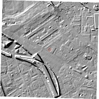 Shaded relief map of the ground around SE85PT, computed from Environment Agency LiDAR. The ground here sits at about 3 m above sea level and falls 10 m across the surrounding 800 m. Surface water reaching this point runs off ground lying to the west-south-west, 6.7 m higher.