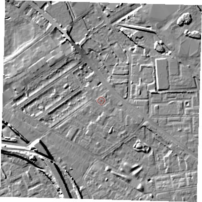 Shaded relief map of the ground around SE85PW, computed from Environment Agency LiDAR. The ground here sits at about 4 m above sea level and falls 10 m across the surrounding 800 m. Surface water reaching this point runs off ground lying to the east-south-east, 1.3 m higher.