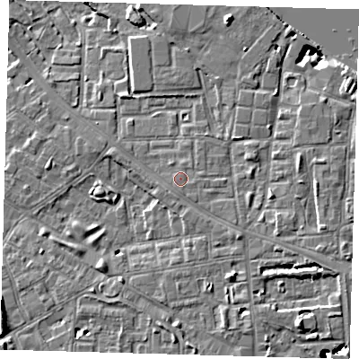 Shaded relief map of the ground around SE85QP, computed from Environment Agency LiDAR. The ground here sits at about 5 m above sea level and falls 43 m across the surrounding 800 m. Surface water reaching this point runs off ground lying to the south-east, 1.4 m higher.