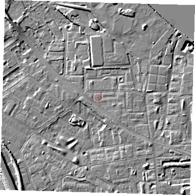 Shaded relief map of the ground around SE85QT, computed from Environment Agency LiDAR. The ground here sits at about 5 m above sea level and falls 10 m across the surrounding 800 m. Surface water reaching this point runs off ground lying to the south-east, 1.1 m higher.