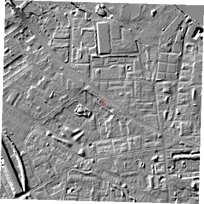 Shaded relief map of the ground around SE85QU, computed from Environment Agency LiDAR. The ground here sits at about 5 m above sea level and falls 10 m across the surrounding 800 m. Surface water reaching this point runs off ground lying to the east-south-east, 3.9 m higher.