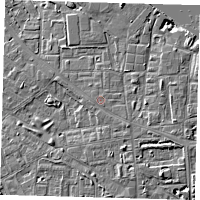 Shaded relief map of the ground around SE85QW, computed from Environment Agency LiDAR. The ground here sits at about 5 m above sea level and falls 43 m across the surrounding 800 m. Surface water reaching this point runs off ground lying to the south-east, 1.4 m higher.