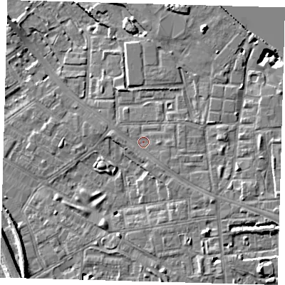 Shaded relief map of the ground around SE85QX, computed from Environment Agency LiDAR. The ground here sits at about 5 m above sea level and falls 10 m across the surrounding 800 m. Surface water reaching this point runs off ground lying to the south-east, 1.7 m higher.