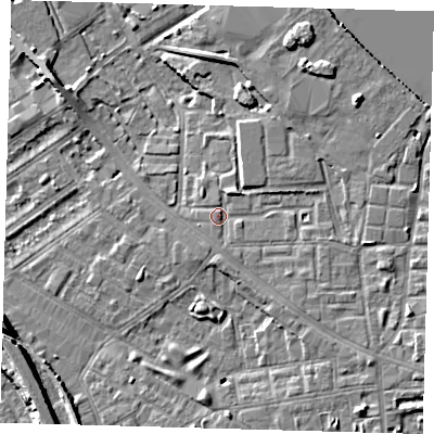 Shaded relief map of the ground around SE85QY, computed from Environment Agency LiDAR. The ground here sits at about 4 m above sea level and falls 9 m across the surrounding 800 m. Surface water reaching this point runs off ground lying to the north-east, 2.9 m higher.