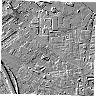 Shaded relief map of the ground around SE85QZ, computed from Environment Agency LiDAR. The ground here sits at about 5 m above sea level and falls 8 m across the surrounding 800 m. Surface water reaching this point runs off ground lying to the east-south-east, 3.1 m higher.