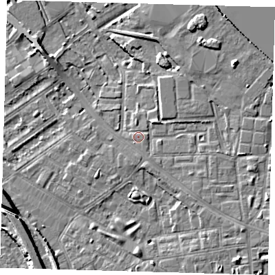 Shaded relief map of the ground around SE85RA, computed from Environment Agency LiDAR. The ground here sits at about 4 m above sea level and falls 9 m across the surrounding 800 m. Surface water reaching this point runs off ground lying to the north-east, 2.9 m higher.