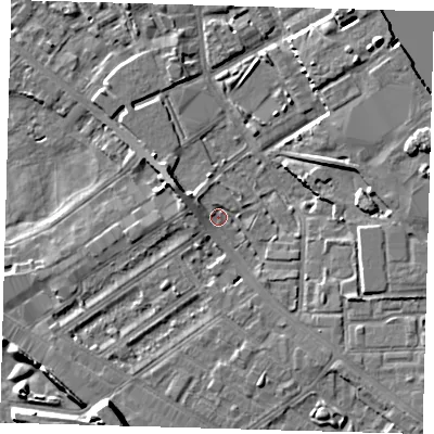 Shaded relief map of the ground around SE85RE, computed from Environment Agency LiDAR. The ground here sits at about 3 m above sea level and falls 10 m across the surrounding 800 m. Surface water reaching this point runs off ground lying to the west-north-west, 2.4 m higher.