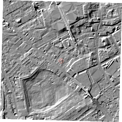 Shaded relief map of the ground around SE85RJ, computed from Environment Agency LiDAR. The ground here sits at about 2 m above sea level and falls 46 m across the surrounding 800 m. Surface water reaching this point runs off ground lying to the south-east, 2.8 m higher.