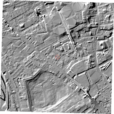 Shaded relief map of the ground around SE85RL, computed from Environment Agency LiDAR. The ground here sits at about 2 m above sea level and falls 47 m across the surrounding 800 m. Surface water reaching this point runs off ground lying to the south-east, 2.8 m higher.