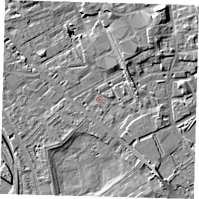 Shaded relief map of the ground around SE85RN, computed from Environment Agency LiDAR. The ground here sits at about 2 m above sea level and falls 47 m across the surrounding 800 m. Surface water reaching this point runs off ground lying to the north-east, 4.1 m higher.