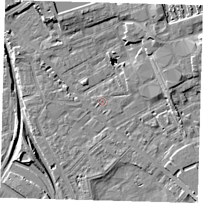 Shaded relief map of the ground around SE85RP, computed from Environment Agency LiDAR. The ground here sits at about 2 m above sea level and falls 46 m across the surrounding 800 m. Surface water reaching this point runs off ground lying to the south-east, 0.5 m higher.