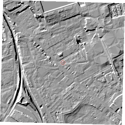 Shaded relief map of the ground around SE85RQ, computed from Environment Agency LiDAR. The ground here sits at about 2 m above sea level and falls 47 m across the surrounding 800 m. Surface water reaching this point runs off ground lying to the north-east, 45.7 m higher.