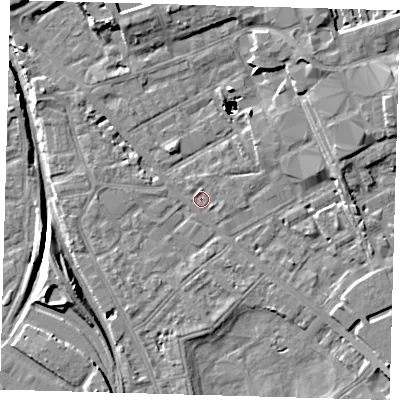 Shaded relief map of the ground around SE85RS, computed from Environment Agency LiDAR. The ground here sits at about 2 m above sea level and falls 46 m across the surrounding 800 m. Surface water reaching this point runs off ground lying to the north-east, 45.7 m higher.