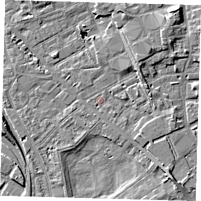 Shaded relief map of the ground around SE85RU, computed from Environment Agency LiDAR. The ground here sits at about 2 m above sea level and falls 47 m across the surrounding 800 m. Surface water reaching this point runs off ground lying to the north-east, 4.1 m higher.