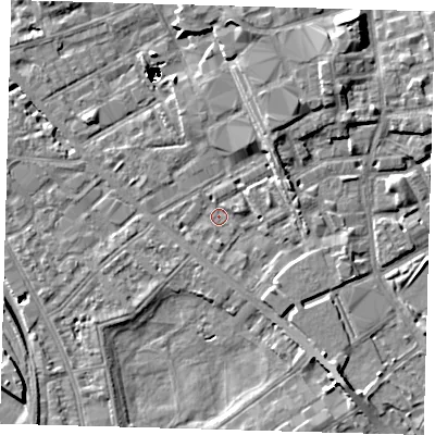 Shaded relief map of the ground around SE85RX, computed from Environment Agency LiDAR. The ground here sits at about 2 m above sea level and falls 47 m across the surrounding 800 m. Surface water reaching this point runs off ground lying to the north-east, 4.1 m higher.