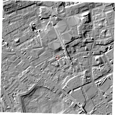 Shaded relief map of the ground around SE85RZ, computed from Environment Agency LiDAR. The ground here sits at about 2 m above sea level and falls 47 m across the surrounding 800 m. Surface water reaching this point runs off ground lying to the north-east, 4.1 m higher.