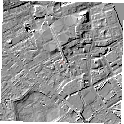 Shaded relief map of the ground around SE85SA, computed from Environment Agency LiDAR. The ground here sits at about 3 m above sea level and falls 47 m across the surrounding 800 m. Surface water reaching this point runs off ground lying to the north, 3.9 m higher.