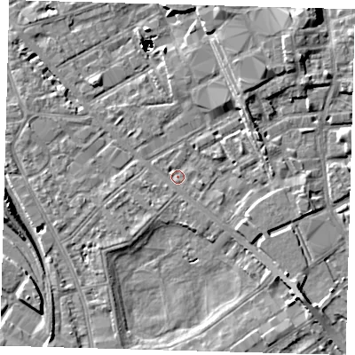 Shaded relief map of the ground around SE85SD, computed from Environment Agency LiDAR. The ground here sits at about 2 m above sea level and falls 47 m across the surrounding 800 m. Surface water reaching this point runs off ground lying to the north-east, 4.1 m higher.
