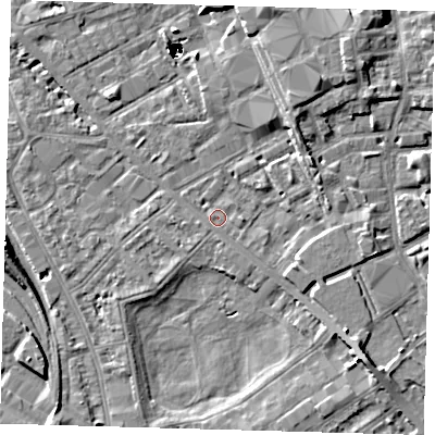 Shaded relief map of the ground around SE85SE, computed from Environment Agency LiDAR. The ground here sits at about 2 m above sea level and falls 46 m across the surrounding 800 m. Surface water reaching this point runs off ground lying to the south, 0.6 m higher.