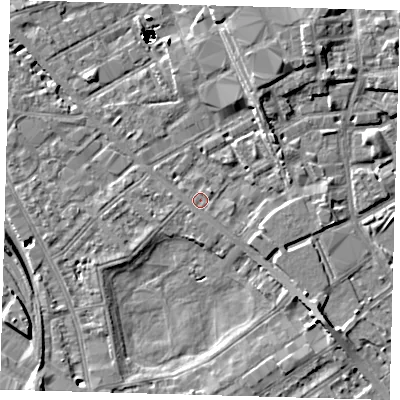 Shaded relief map of the ground around SE85SF, computed from Environment Agency LiDAR. The ground here sits at about 2 m above sea level and falls 46 m across the surrounding 800 m. Surface water reaching this point runs off ground lying to the south-west, 0.5 m higher.