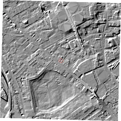 Shaded relief map of the ground around SE85SG, computed from Environment Agency LiDAR. The ground here sits at about 2 m above sea level and falls 46 m across the surrounding 800 m. Surface water reaching this point runs off ground lying to the east-south-east, 2.8 m higher.