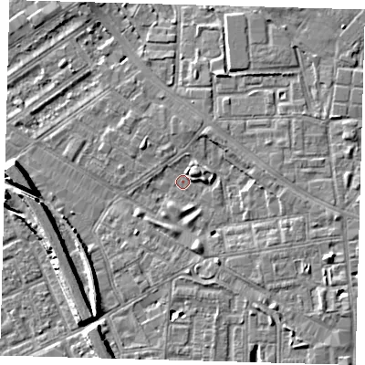 Shaded relief map of the ground around SE85SR, computed from Environment Agency LiDAR. The ground here sits at about 4 m above sea level and falls 8 m across the surrounding 800 m. Surface water reaching this point runs off ground lying to the east-south-east, 4.8 m higher.