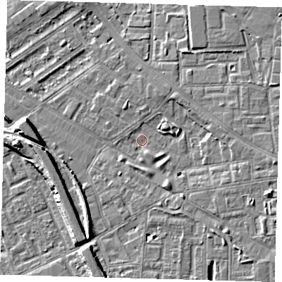 Shaded relief map of the ground around SE85ST, computed from Environment Agency LiDAR. The ground here sits at about 4 m above sea level and falls 8 m across the surrounding 800 m. Surface water reaching this point runs off ground lying to the east-south-east, 4.8 m higher.